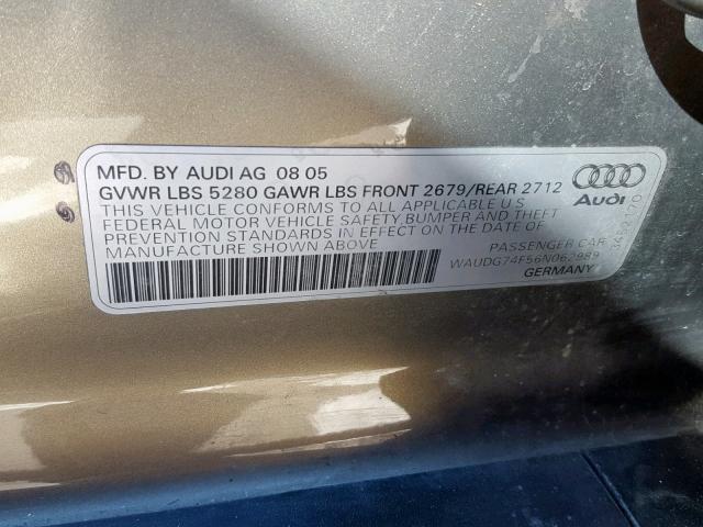 WAUDG74F56N062989 - 2006 AUDI A6 3.2 QUA TAN photo 10