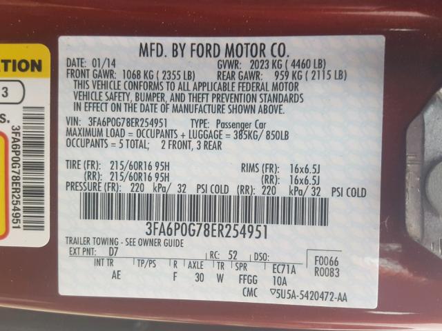 3FA6P0G78ER254951 - 2014 FORD FUSION S ORANGE photo 10