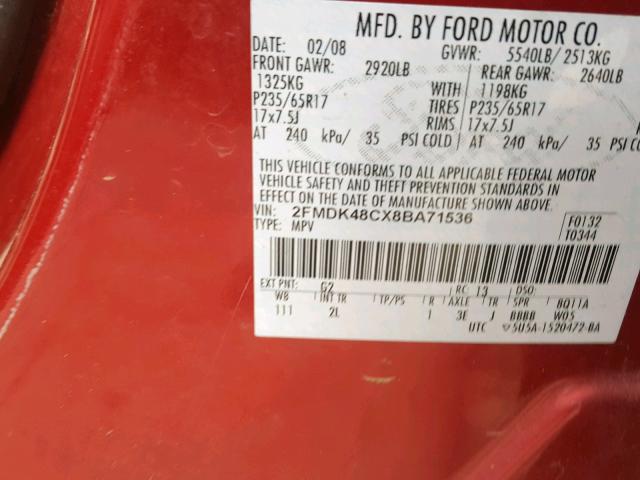 2FMDK48CX8BA71536 - 2008 FORD EDGE SEL RED photo 10