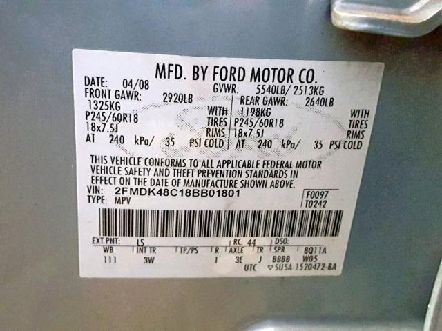 2FMDK48C18BB01801 - 2008 FORD EDGE SEL BLUE photo 10