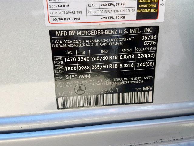 4JGBF71E07A138521 - 2007 MERCEDES-BENZ GL 450 4MA SILVER photo 10