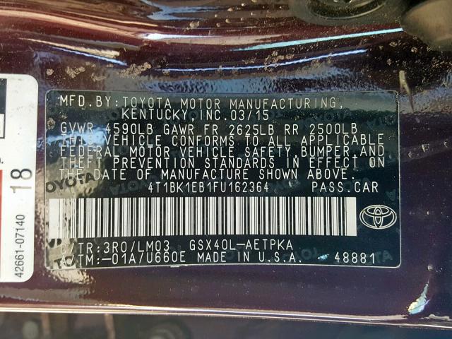 4T1BK1EB1FU162364 - 2015 TOYOTA AVALON XLE BURGUNDY photo 10