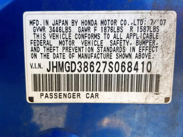 JHMGD38627S068410 - 2007 HONDA FIT S BLUE photo 10