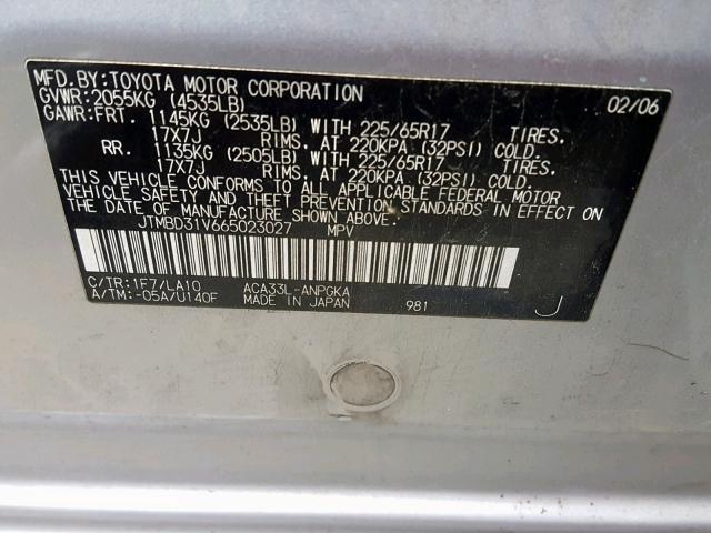 JTMBD31V665023027 - 2006 TOYOTA RAV4 LIMIT SILVER photo 10