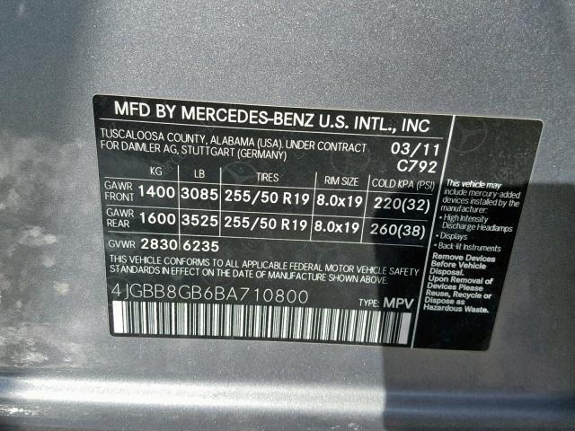 4JGBB8GB6BA710800 - 2011 MERCEDES-BENZ ML 350 4MA GRAY photo 10