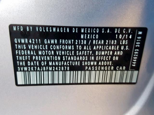 3VW2K7AJ8FM242878 - 2015 VOLKSWAGEN JETTA BASE SILVER photo 10