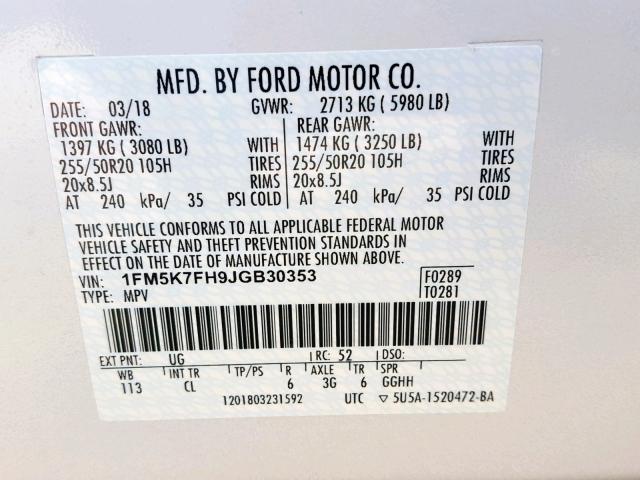 1FM5K7FH9JGB30353 - 2018 FORD EXPLORER L WHITE photo 10