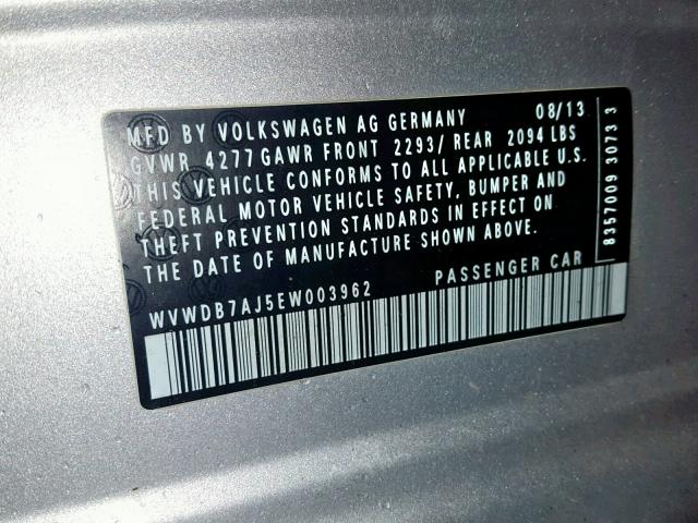 WVWDB7AJ5EW003962 - 2014 VOLKSWAGEN GOLF 银色 照片 10