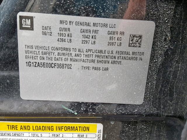 1G1ZA5E00CF368702 - 2012 CHEVROLET MALIBU LS BLACK photo 10