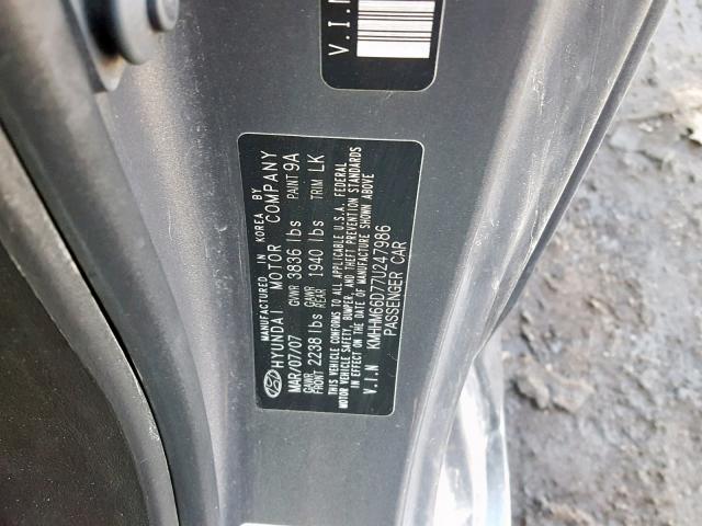 KMHHM66D77U247986 - 2007 HYUNDAI TIBURON GS GRAY photo 10