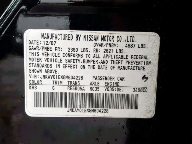 JNKAY01EX8M604228 - 2008 INFINITI M35 BASE BLACK photo 10