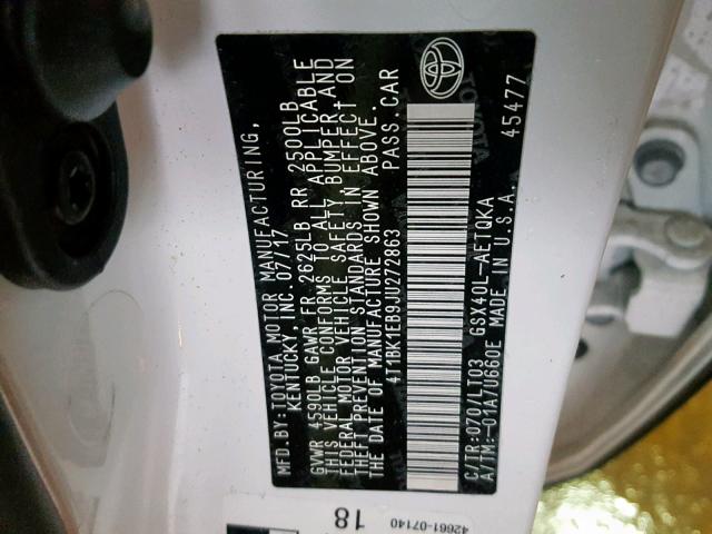 4T1BK1EB9JU272863 - 2018 TOYOTA AVALON XLE WHITE photo 10