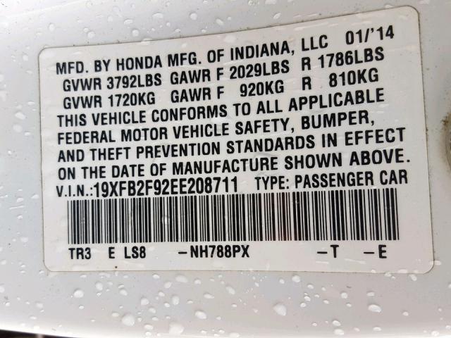 19XFB2F92EE208711 - 2014 HONDA CIVIC EXL WHITE photo 10