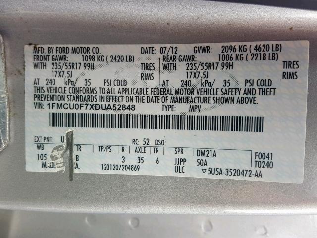 1FMCU0F7XDUA52848 - 2013 FORD ESCAPE S SILVER photo 10