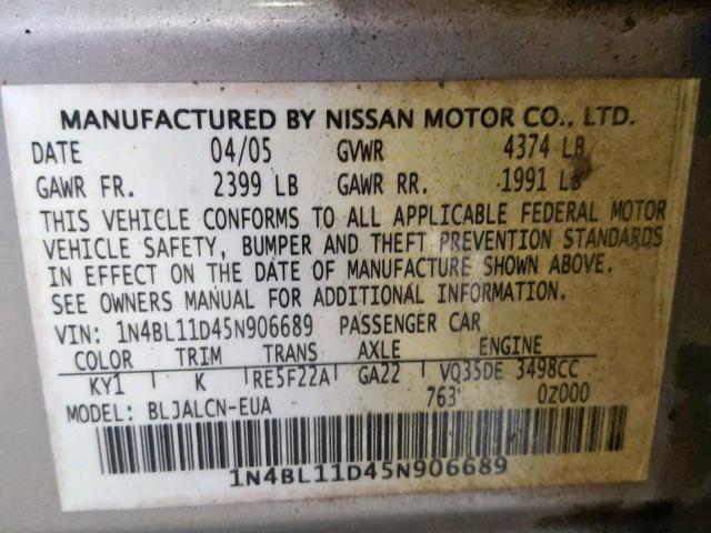 1N4BL11D45N906689 - 2005 NISSAN ALTIMA SE SILVER photo 10