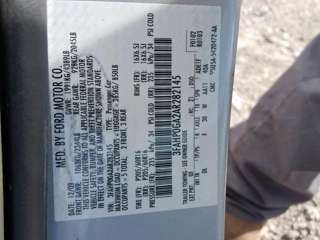 3FAHP0GA2AR282145 - 2010 FORD FUSION S SILVER photo 10