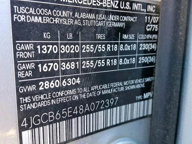 4JGCB65E48A072397 - 2008 MERCEDES-BENZ R 350 SILVER photo 10