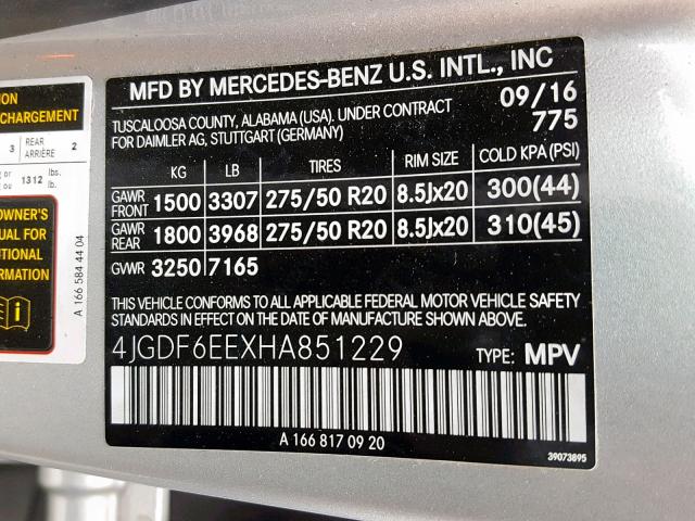 4JGDF6EEXHA851229 - 2017 MERCEDES-BENZ GLS 450 4M SILVER photo 10