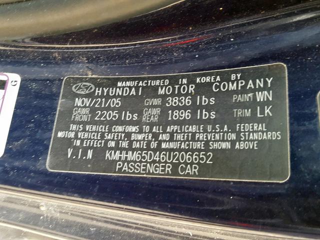 KMHHM65D46U206652 - 2006 HYUNDAI TIBURON GS BLUE photo 10