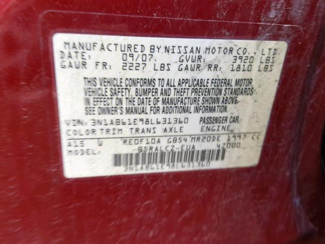 3N1AB61E98L631360 - 2008 NISSAN SENTRA 2.0 RED photo 10