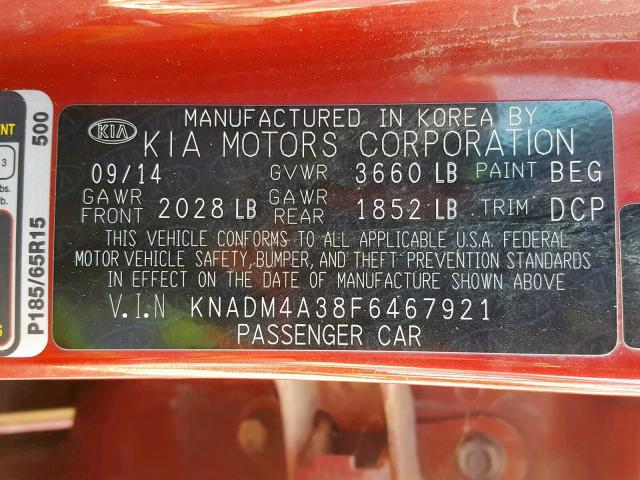 KNADM4A38F6467921 - 2015 KIA RIO LX RED photo 10