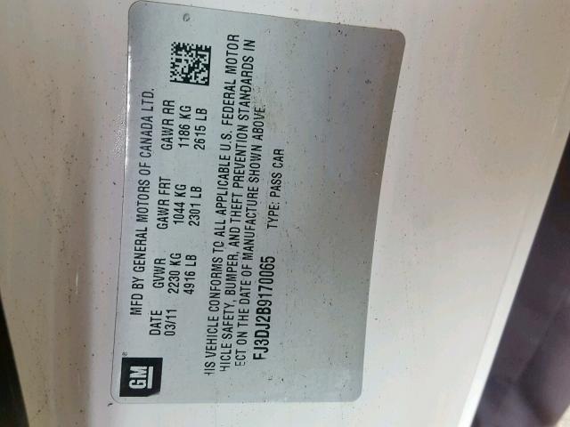 2G1FJ3DJ2B9170065 - 2011 CHEVROLET CAMARO SS WHITE photo 10