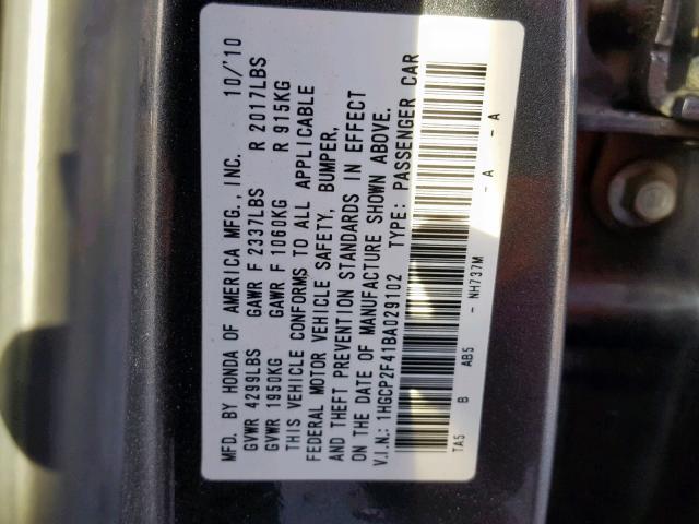 1HGCP2F41BA029102 - 2011 HONDA ACCORD LXP GRAY photo 10