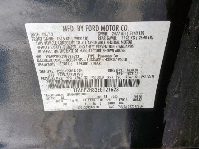 1FAHP2H82EG121623 - 2014 FORD TAURUS SEL BLACK photo 10