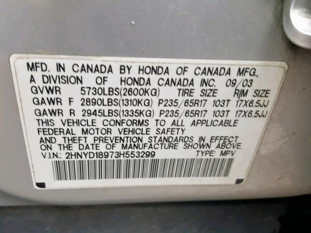 2HNYD18973H553299 - 2003 ACURA MDX TOURIN SILVER photo 10