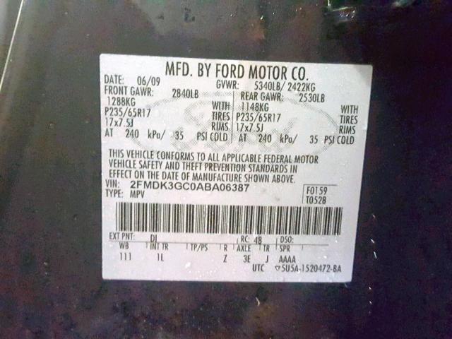 2FMDK3GC0ABA06387 - 2010 FORD EDGE SE BLACK photo 10