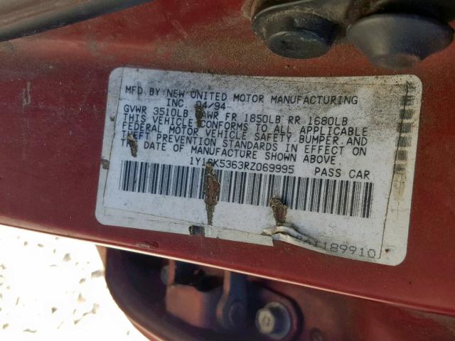 1Y1SK5363RZ069995 - 1994 GEO PRIZM BASE წითელი ფოტო 10