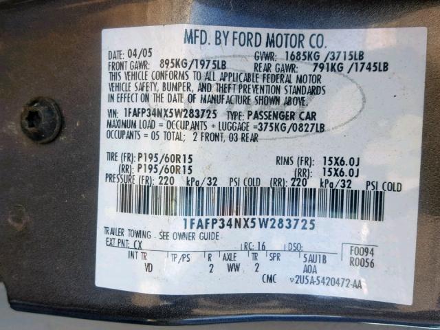 1FAFP34NX5W283725 - 2005 FORD FOCUS ZX4 GRAY photo 10