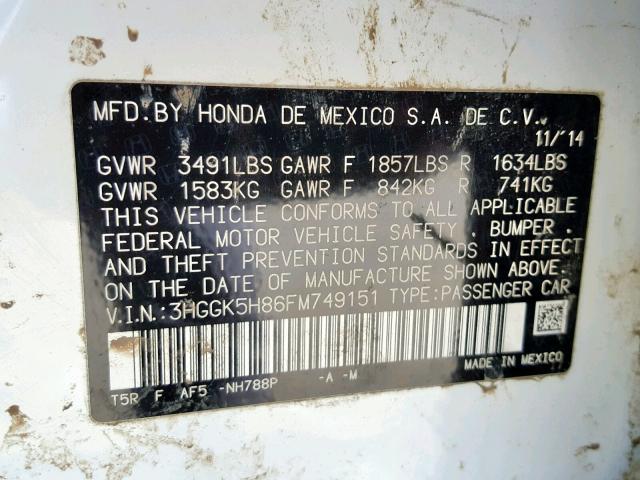 3HGGK5H86FM749151 - 2015 HONDA FIT EX WHITE photo 10