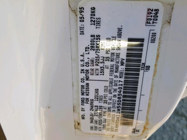 4N2DN11W5SD854017 - 1995 NISSAN QUEST XE WHITE photo 10