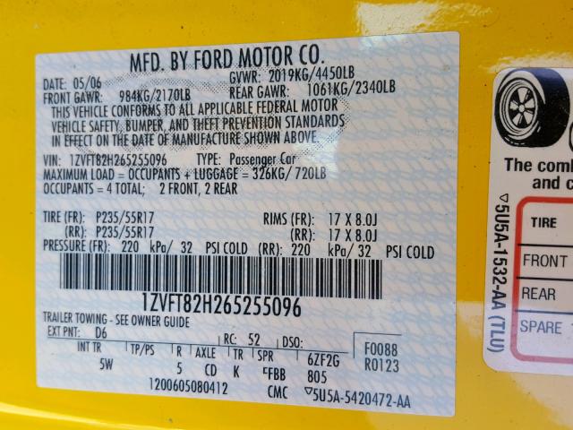 1ZVFT82H265255096 - 2006 FORD MUSTANG GT YELLOW photo 10