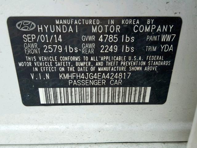 KMHFH4JG4EA424817 - 2014 HYUNDAI AZERA GLS WHITE photo 10