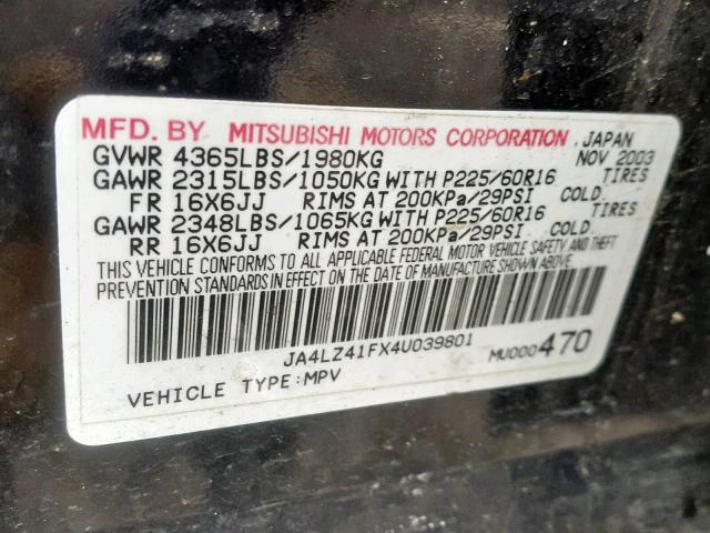 JA4LZ41FX4U039801 - 2004 MITSUBISHI OUTLANDER BLACK photo 10