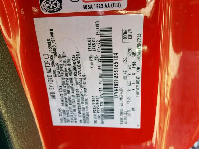 1ZVHT82H855165104 - 2005 FORD MUSTANG GT RED photo 10