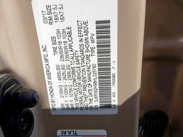 5J6RW2H98HL025740 - 2017 HONDA CR-V TOURI BEIGE photo 10