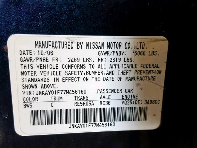 JNKAY01F77M456160 - 2007 INFINITI M35 BASE BLUE photo 10