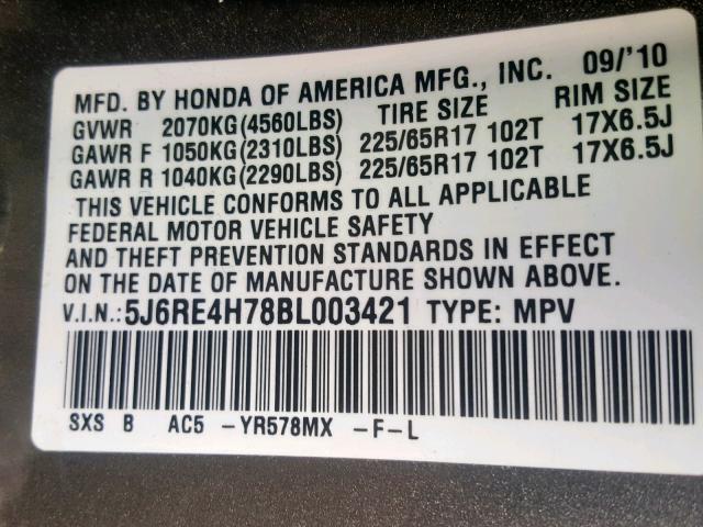 5J6RE4H78BL003421 - 2011 HONDA CR-V EXL BROWN photo 10