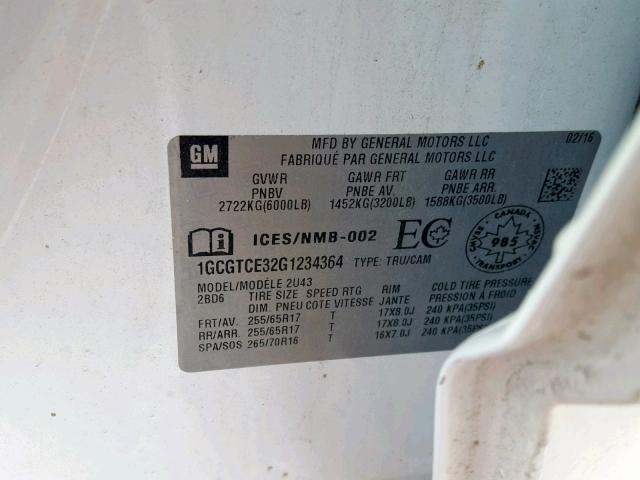 1GCGTCE32G1234364 - 2016 CHEVROLET COLORADO L WHITE photo 10