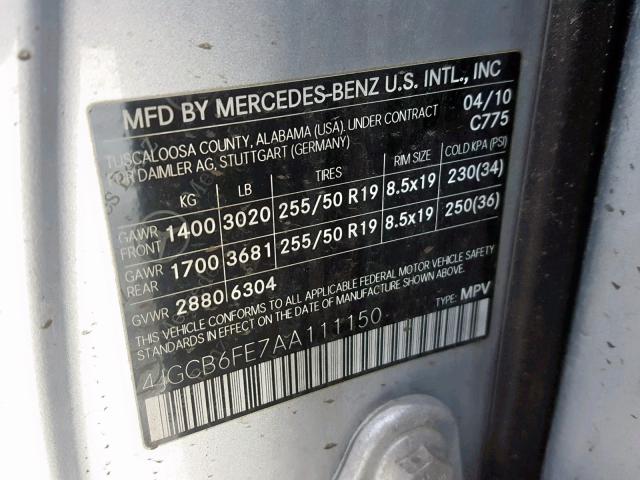 4JGCB6FE7AA111150 - 2010 MERCEDES-BENZ R 350 4MAT SILVER photo 10