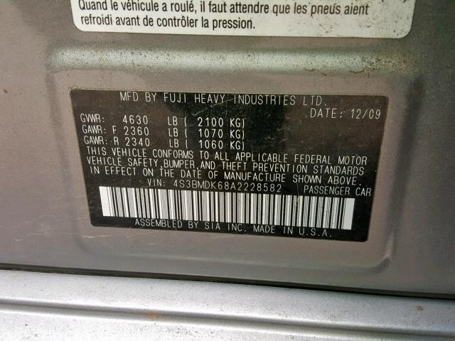 4S3BMDK68A2228582 - 2010 SUBARU LEGACY 3.6 SILVER photo 10