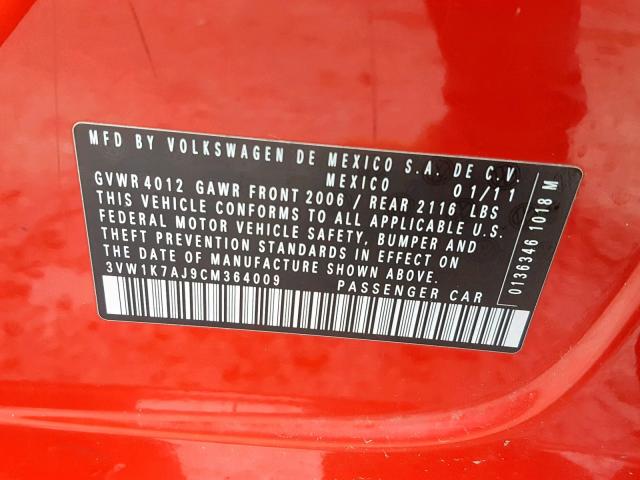 3VW1K7AJ9CM364009 - 2012 VOLKSWAGEN JETTA BASE RED photo 10