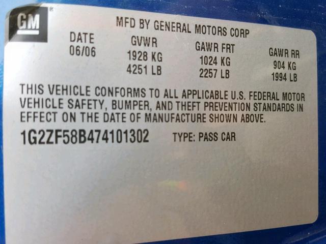 1G2ZF58B474101302 - 2007 PONTIAC G6 VALUE L BLUE photo 10