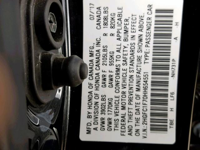 2HGFC1F70HH654551 - 2017 HONDA CIVIC EXL BLACK photo 10