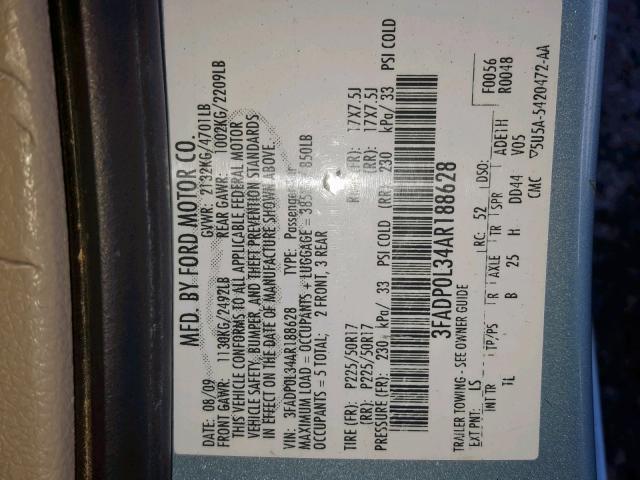 3FADP0L34AR188628 - 2010 FORD FUSION HYB BLUE photo 10