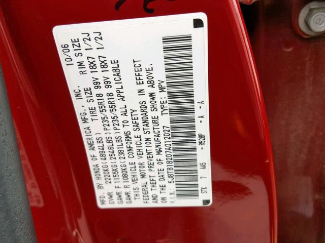 5J8TB18207A012027 - 2007 ACURA RDX RED photo 10