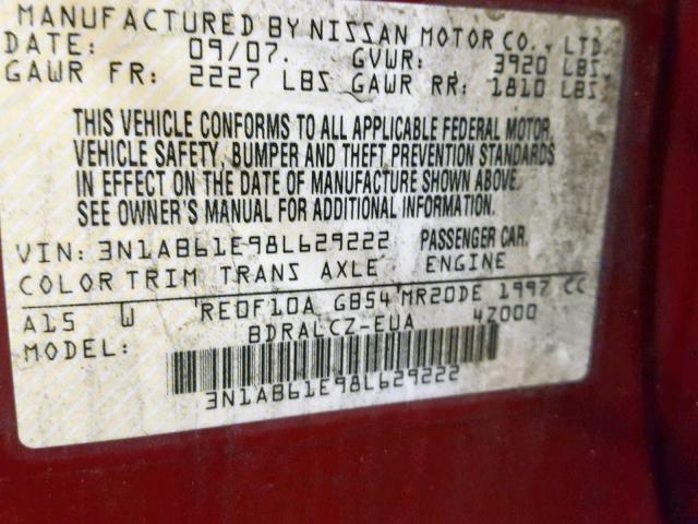 3N1AB61E98L629222 - 2008 NISSAN SENTRA 2.0 RED photo 10